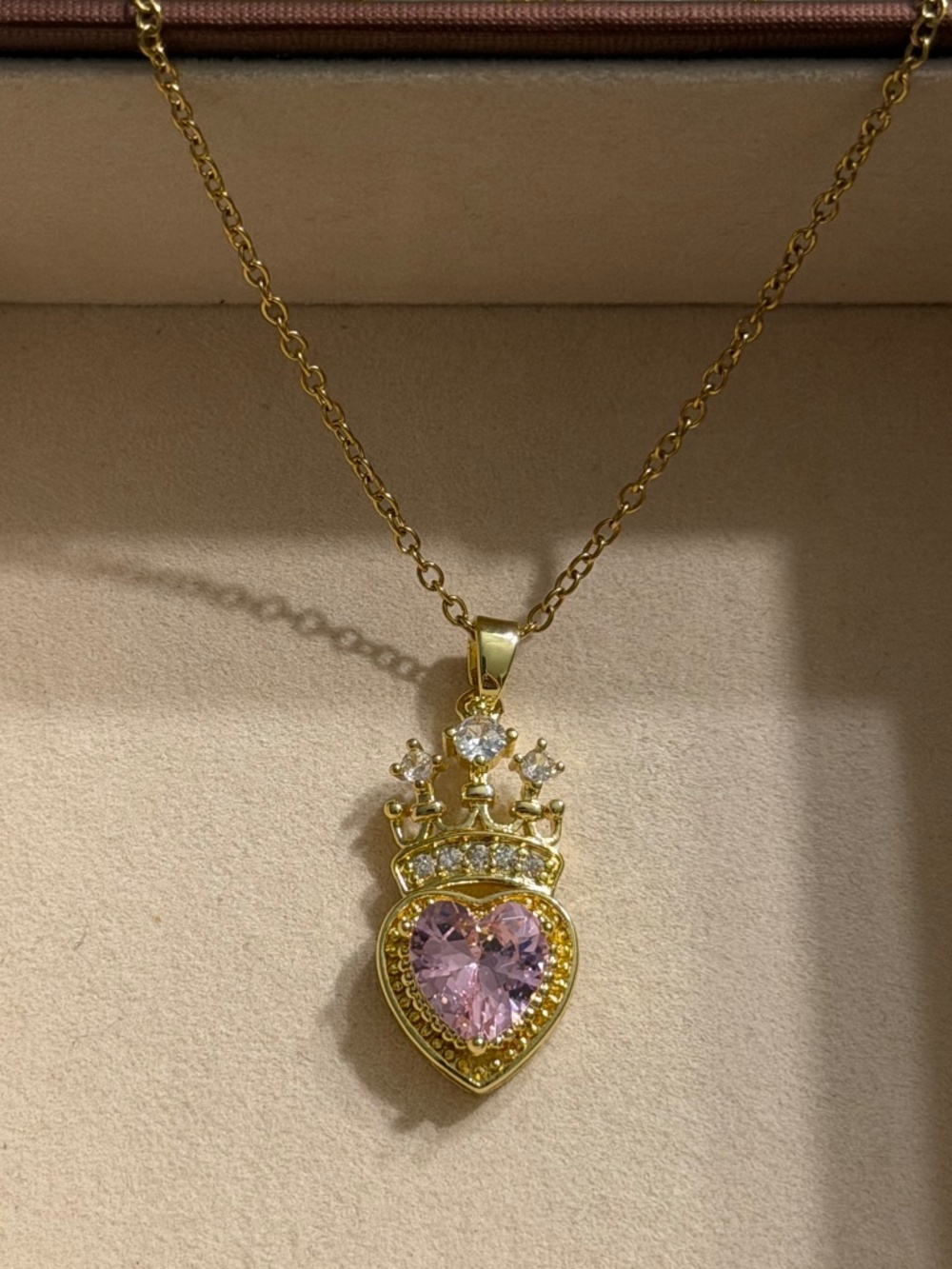 Elegant Golden Crown Pink Heart Zirconia Pendant Stainless Steel Necklace